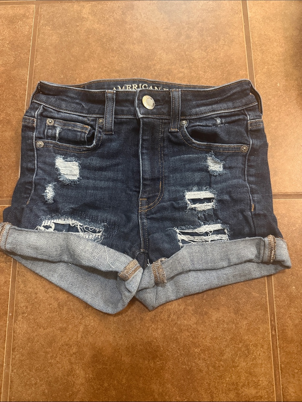 American Eagle Outfitters Dark Blue Distressed Rolled Cuff Jean Shorts